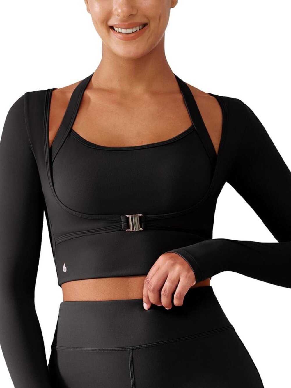 Long Sleeve Halter Crop Top Athletic Shrug with Thumb Holes - Trendy Activewear